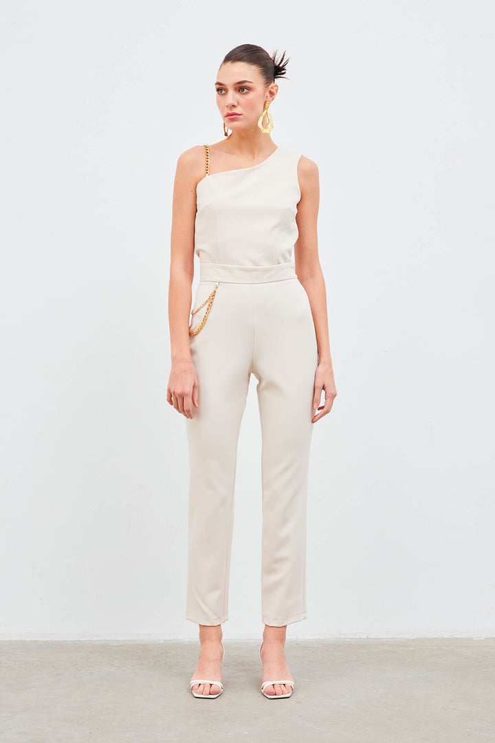 Sateen Pantalon avec accessoire en chaîne - Beige