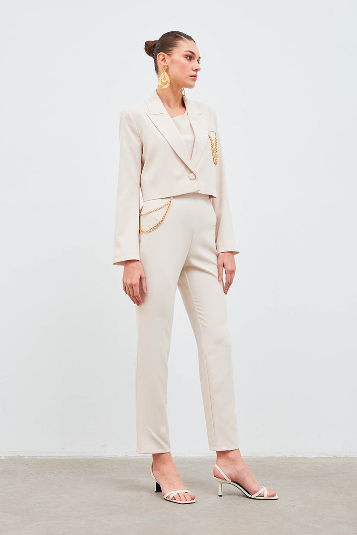 Sateen Pantalon avec accessoire en chaîne - Beige