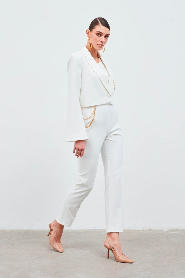 Sateen Pantalon avec accessoire en chaîne - Écru