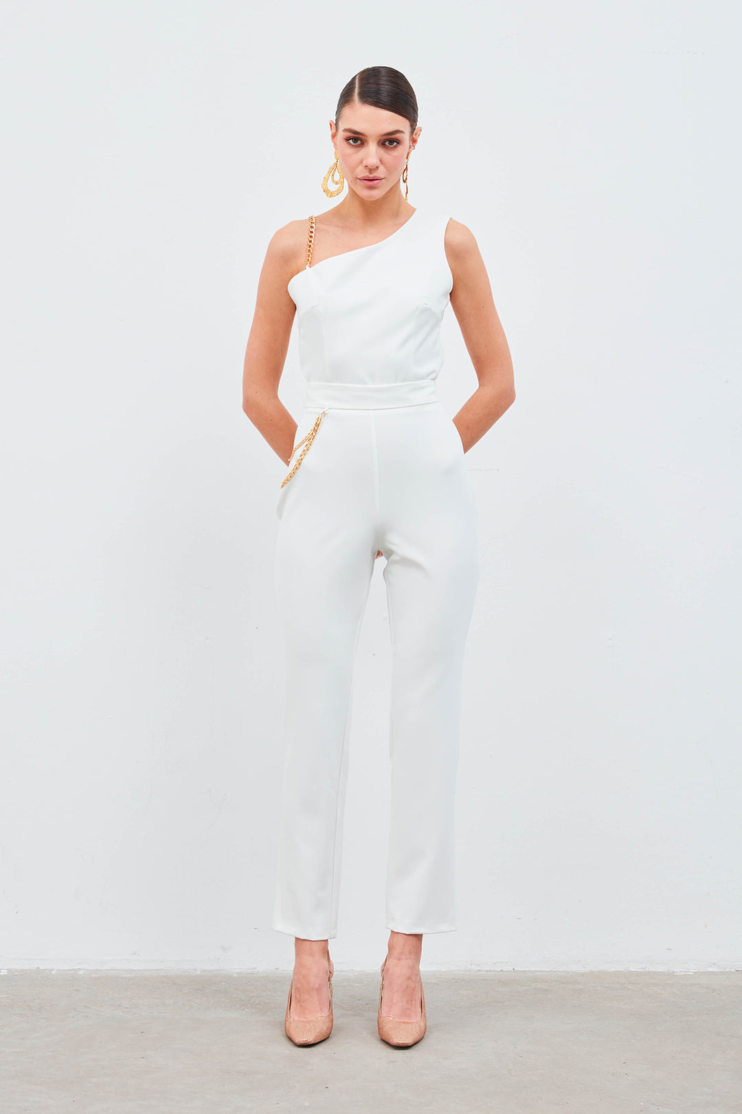 Sateen Pantalon avec accessoire en chaîne - Écru