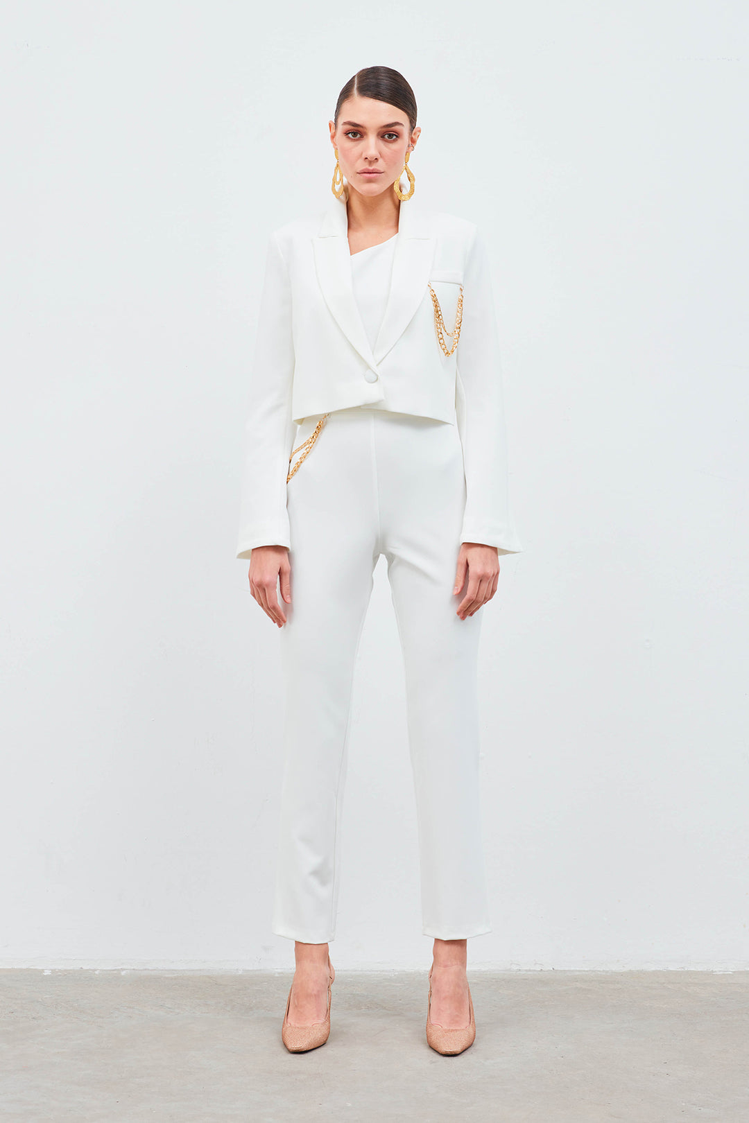 Sateen Pantalon avec accessoire en chaîne - Écru
