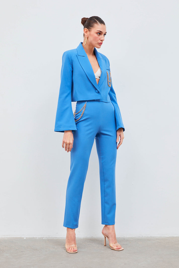 Sateen Pantalon avec accessoire en chaîne - Bleu