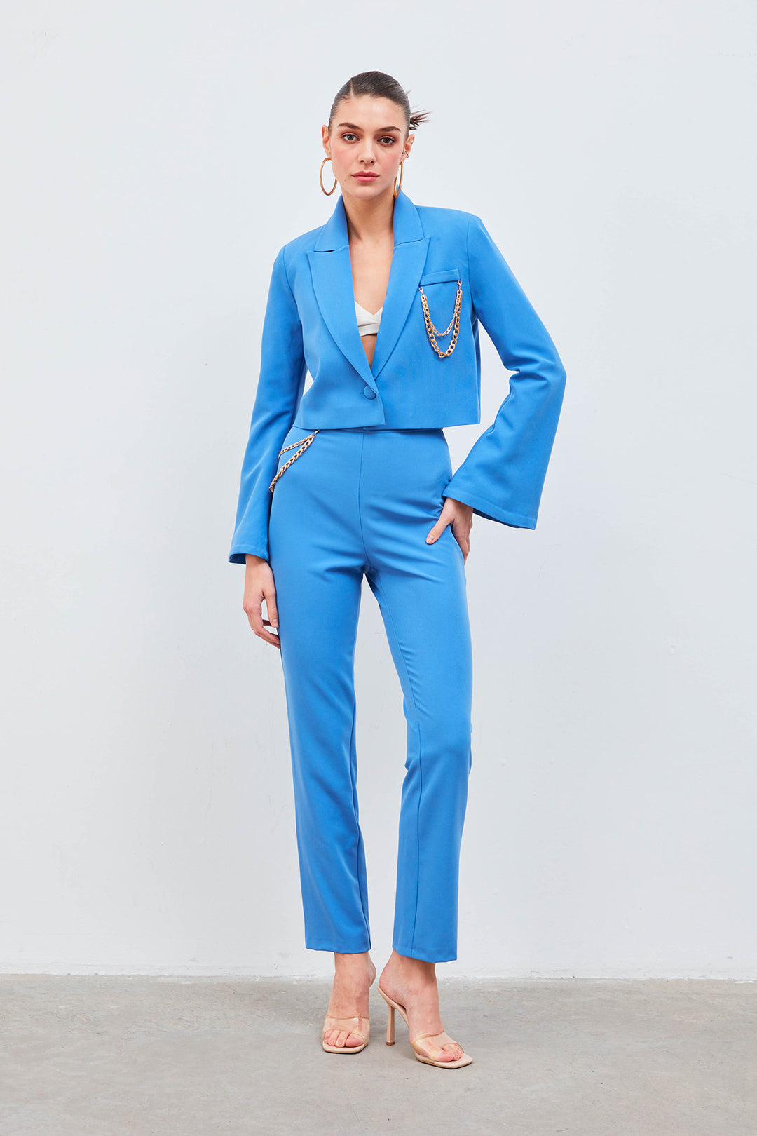 Sateen Pantalon avec accessoire en chaîne - Bleu