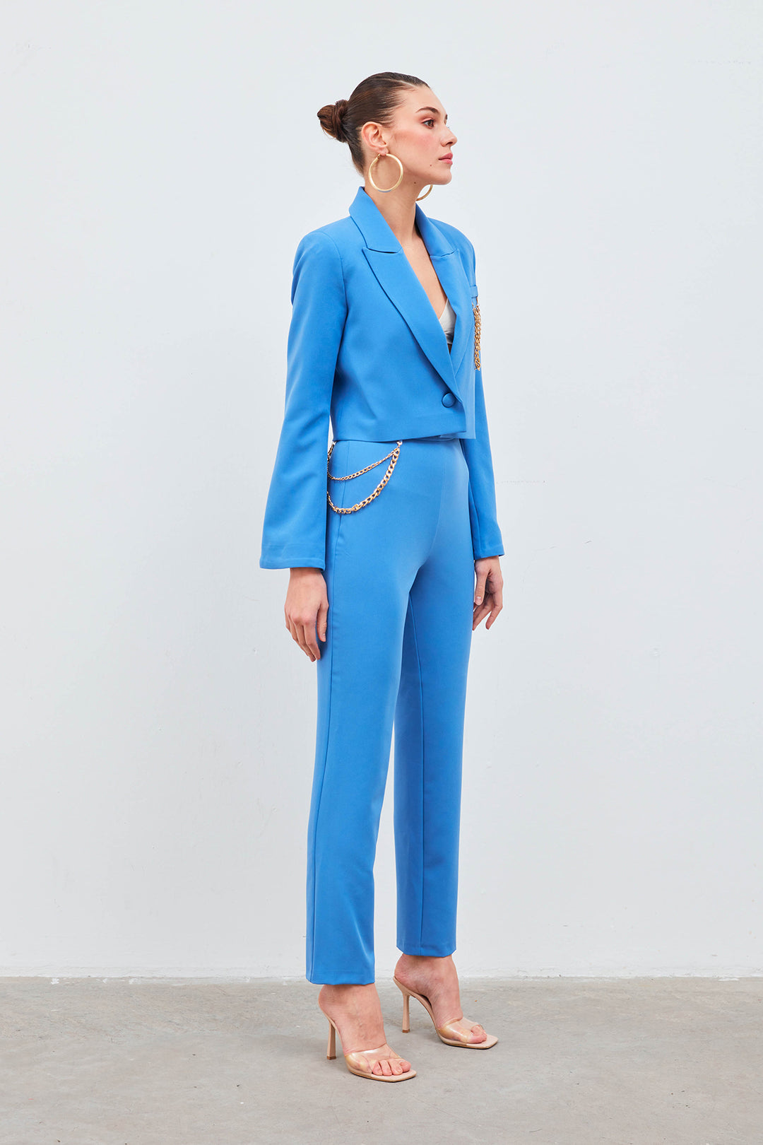 Sateen Pantalon avec accessoire en chaîne - Bleu