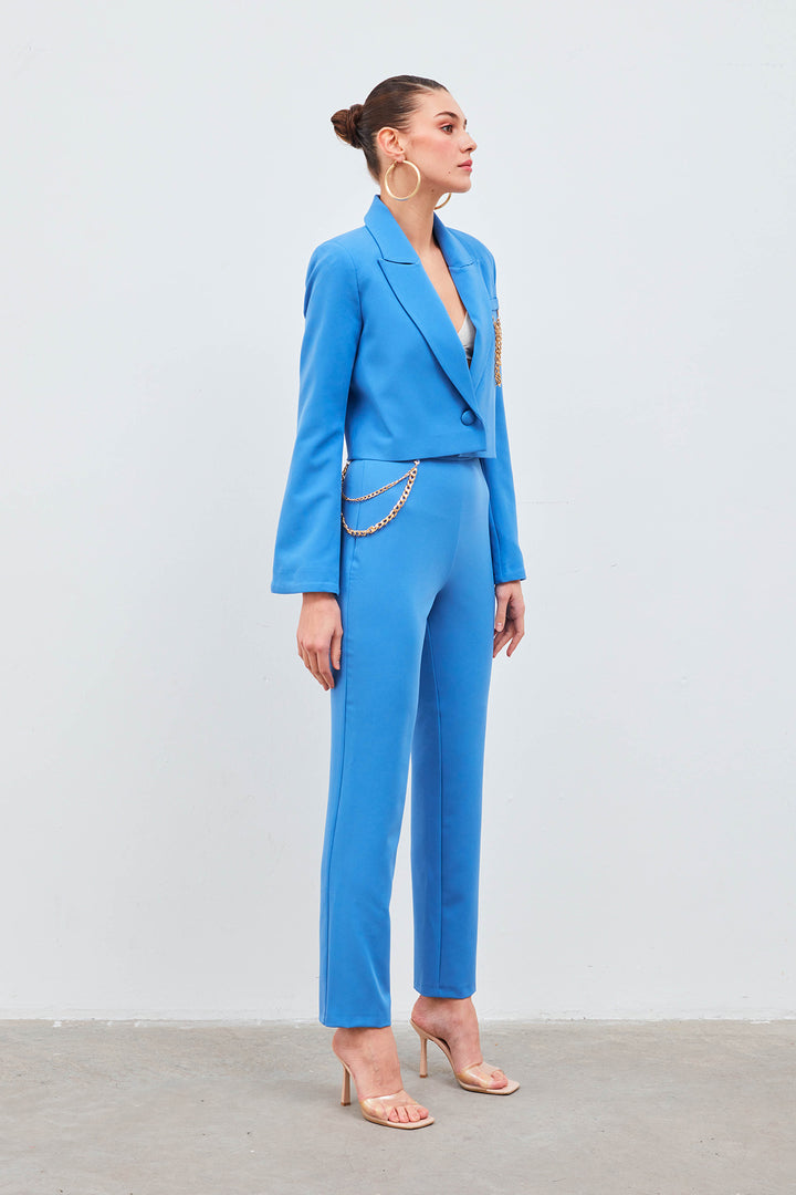 Sateen Pantalon avec accessoire en chaîne - Bleu
