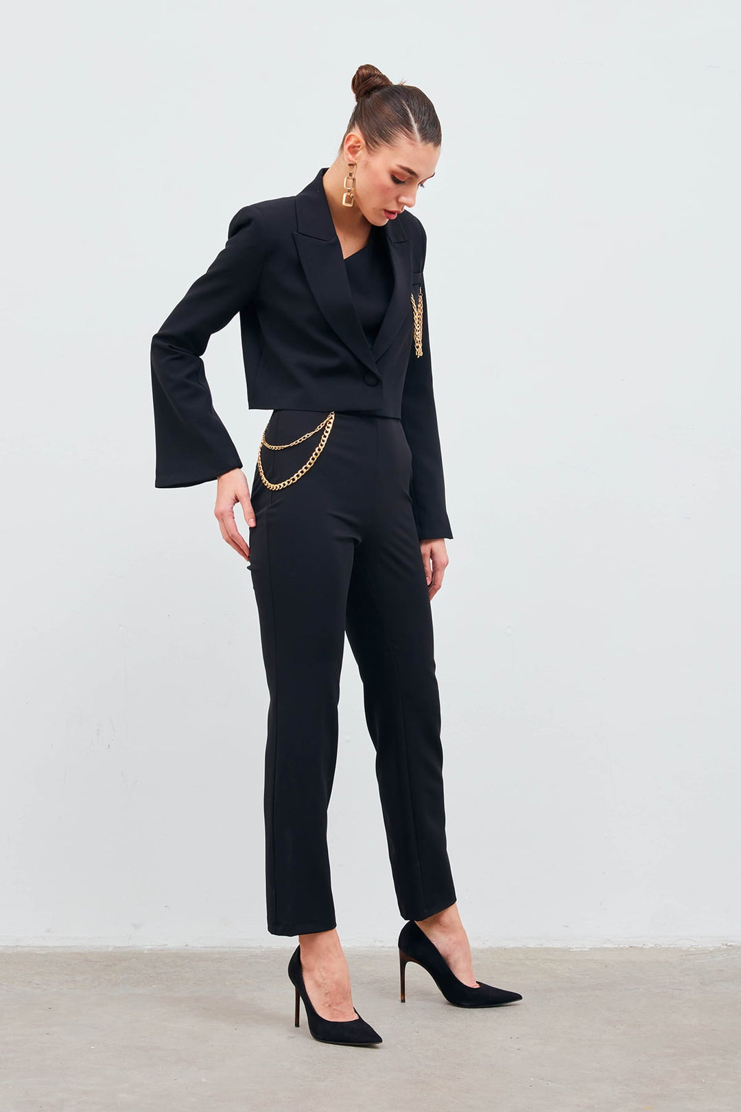 Sateen Pantalon avec accessoire en chaîne - Noir
