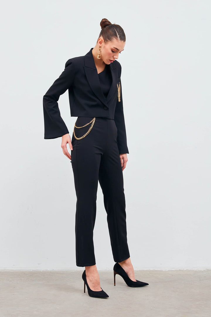 Sateen Pantalon avec accessoire en chaîne - Noir