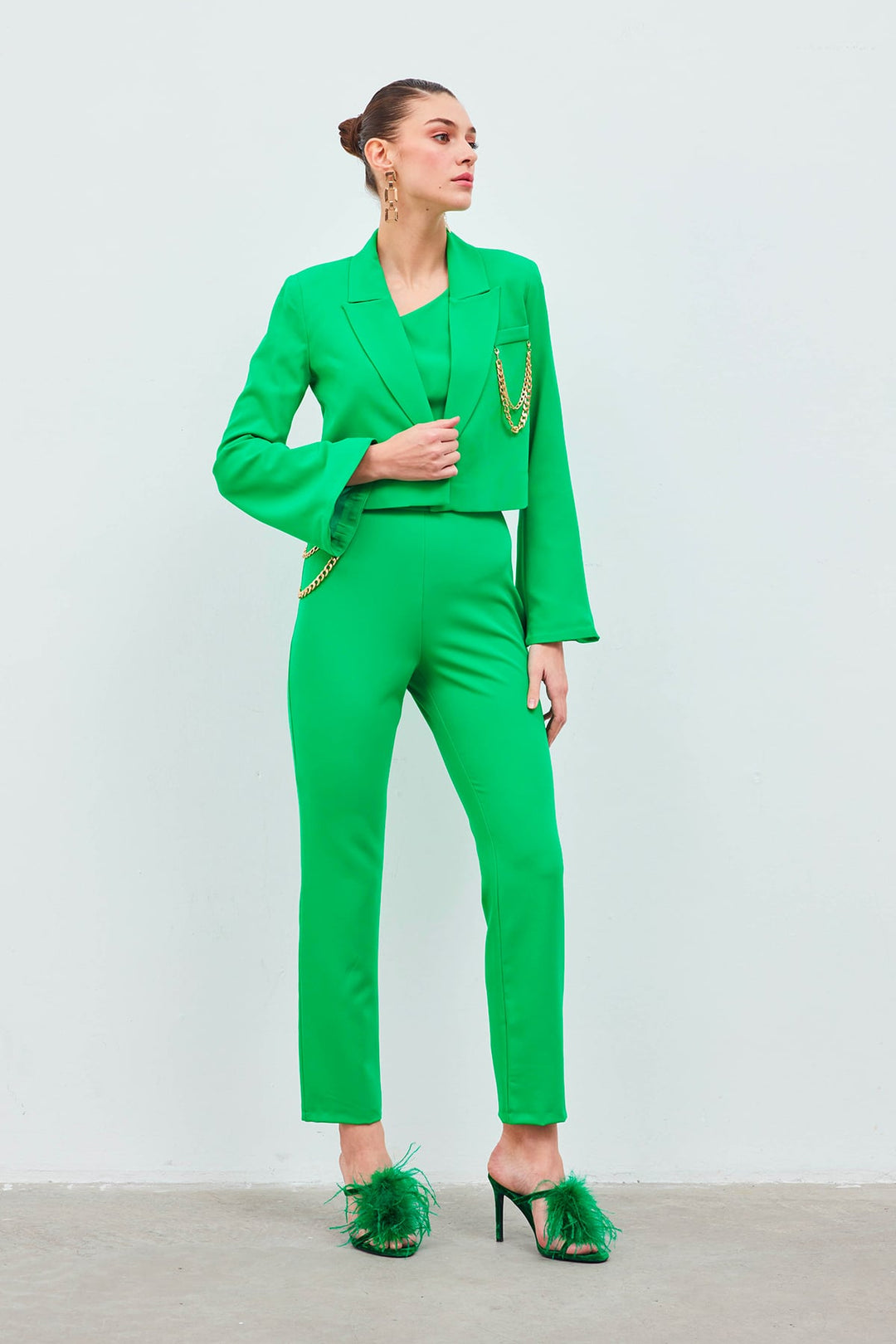 Sateen Pantalon avec accessoire en chaîne - Vert