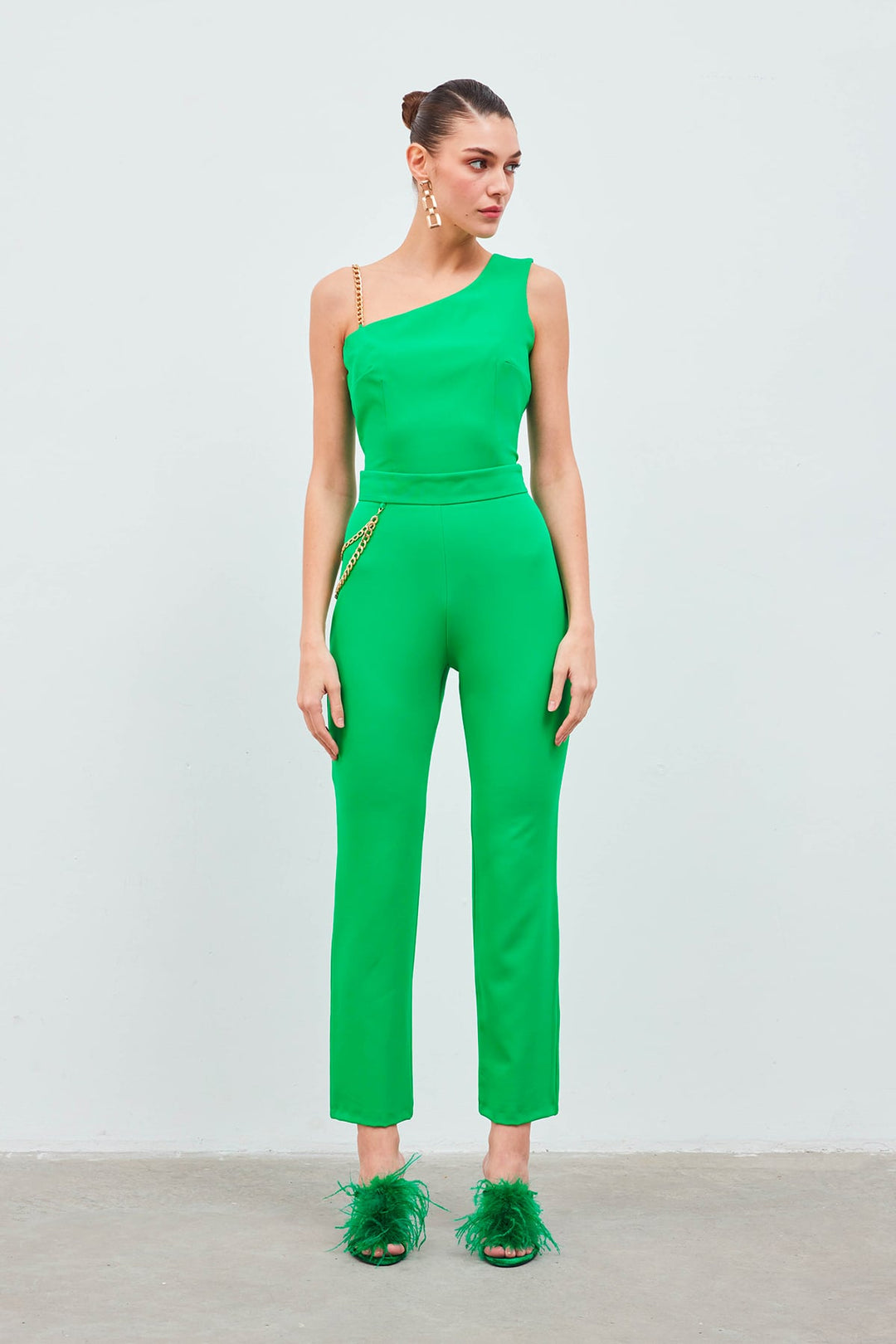Sateen Pantalon avec accessoire en chaîne - Vert