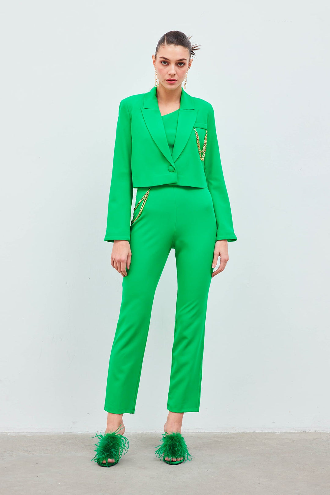 Sateen Pantalon avec accessoire en chaîne - Vert