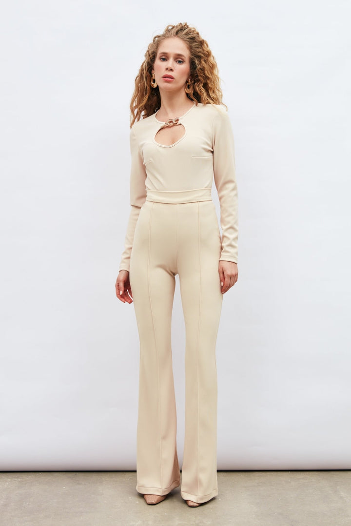 Sateen Blouse avec Détails en Chaîne - Beige