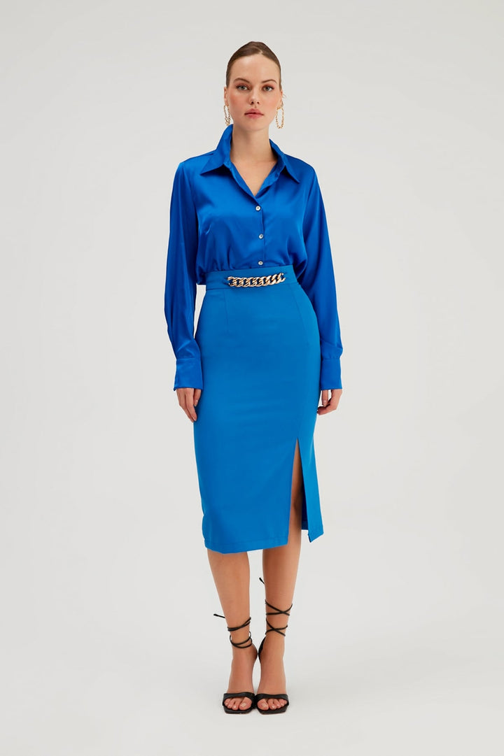 Sateen Jupe crayon avec détails en chaîne - sax Bleu