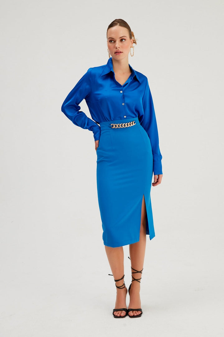 Sateen Jupe crayon avec détails en chaîne - sax Bleu