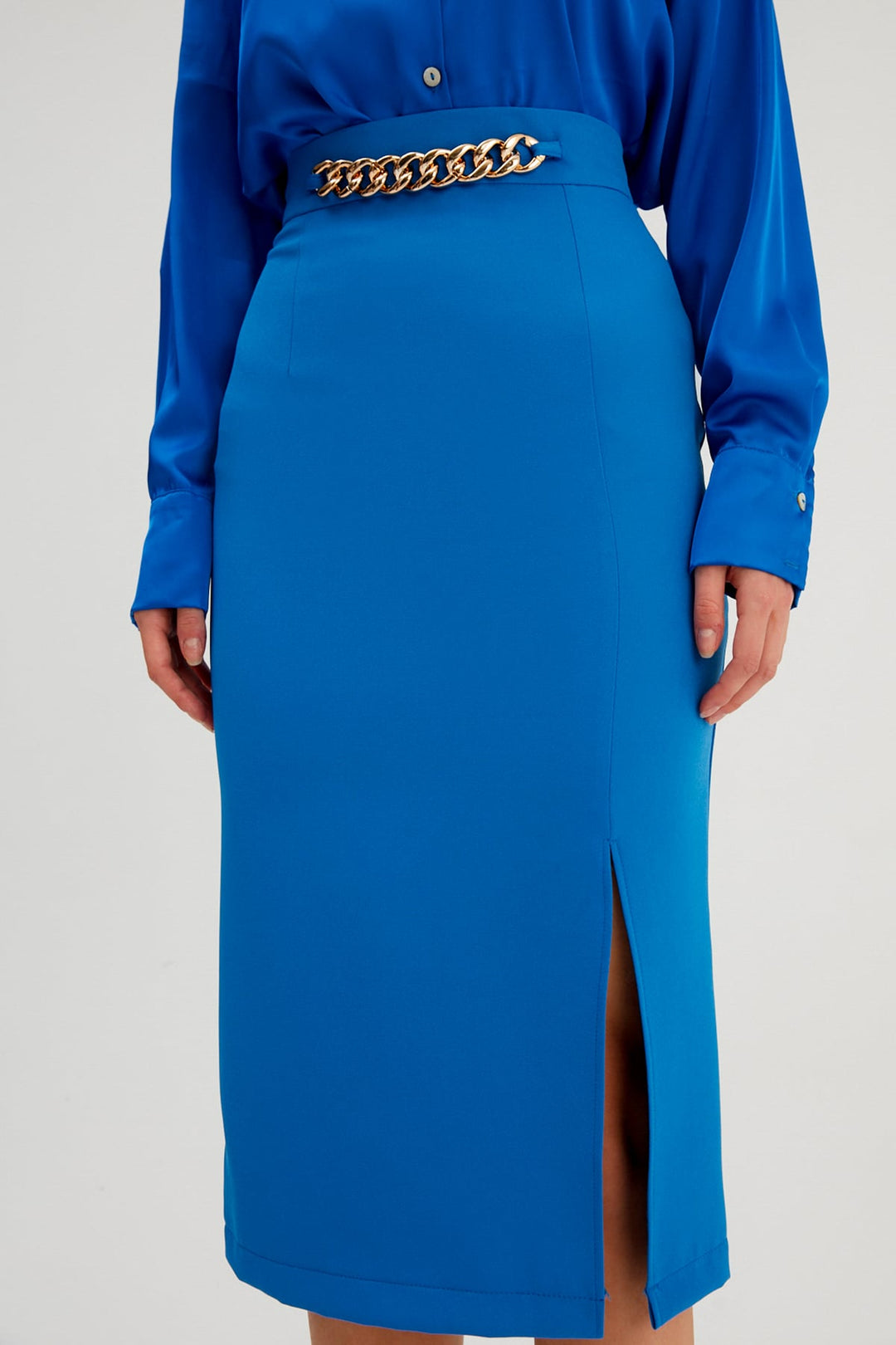 Sateen Jupe crayon avec détails en chaîne - sax Bleu