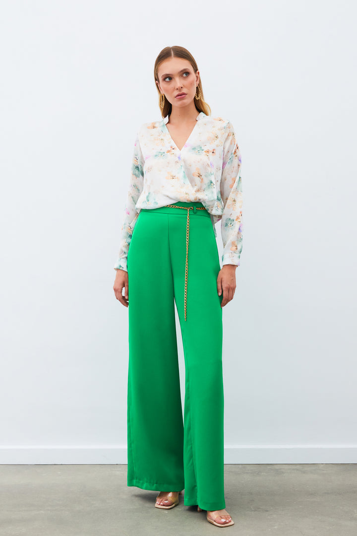Sateen Pantalon en crêpe satin avec chaîne - Vert